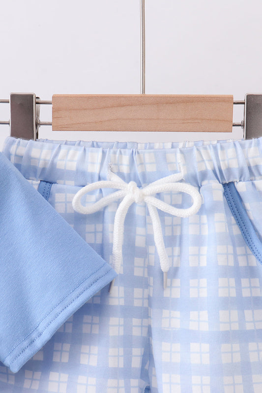 Blue cross smocked plaid shorts set
