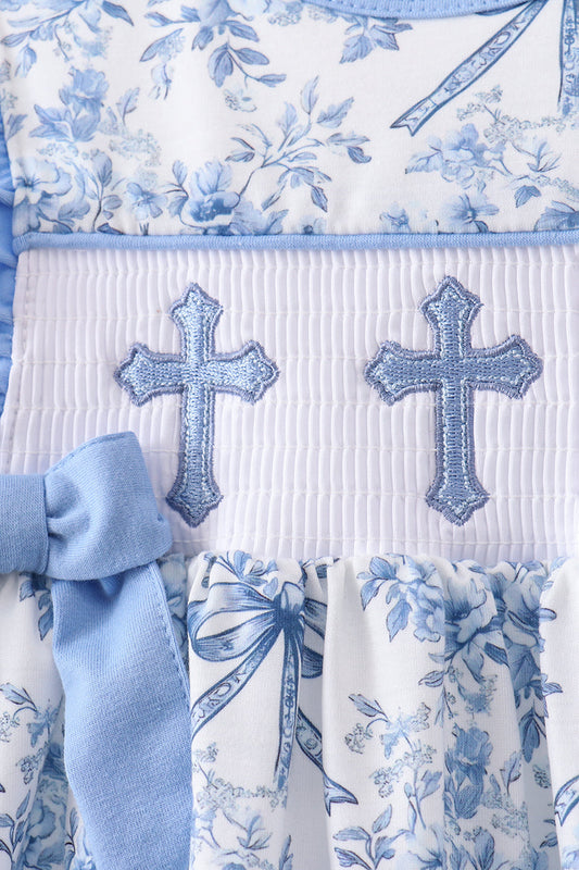 Blue floral cross smocked ruffle shorts set