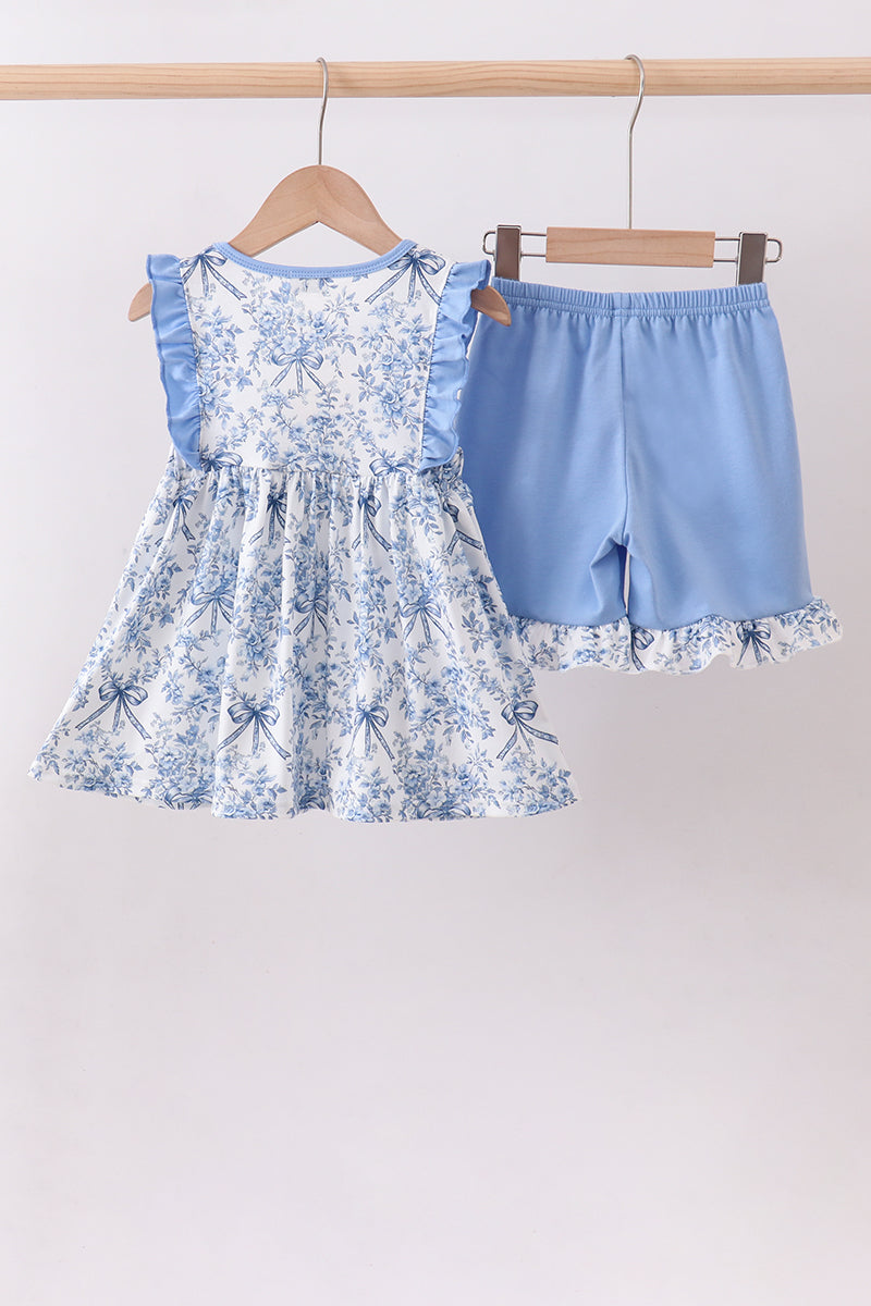 Blue floral cross smocked ruffle shorts set