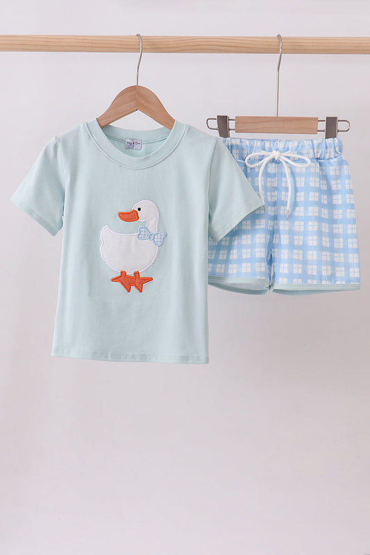 Blue goose applique gingham shorts set
