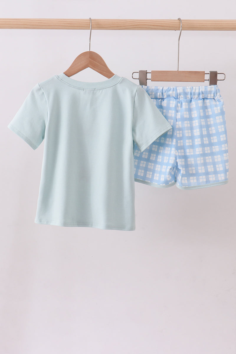 Blue goose applique gingham shorts set