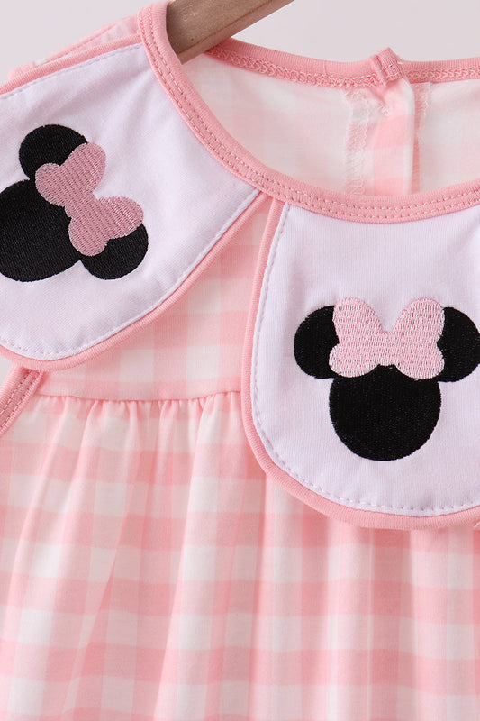 Pink character embroidery gingham dress
