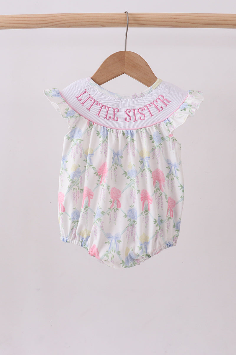 Floral print little sister smocked bubble