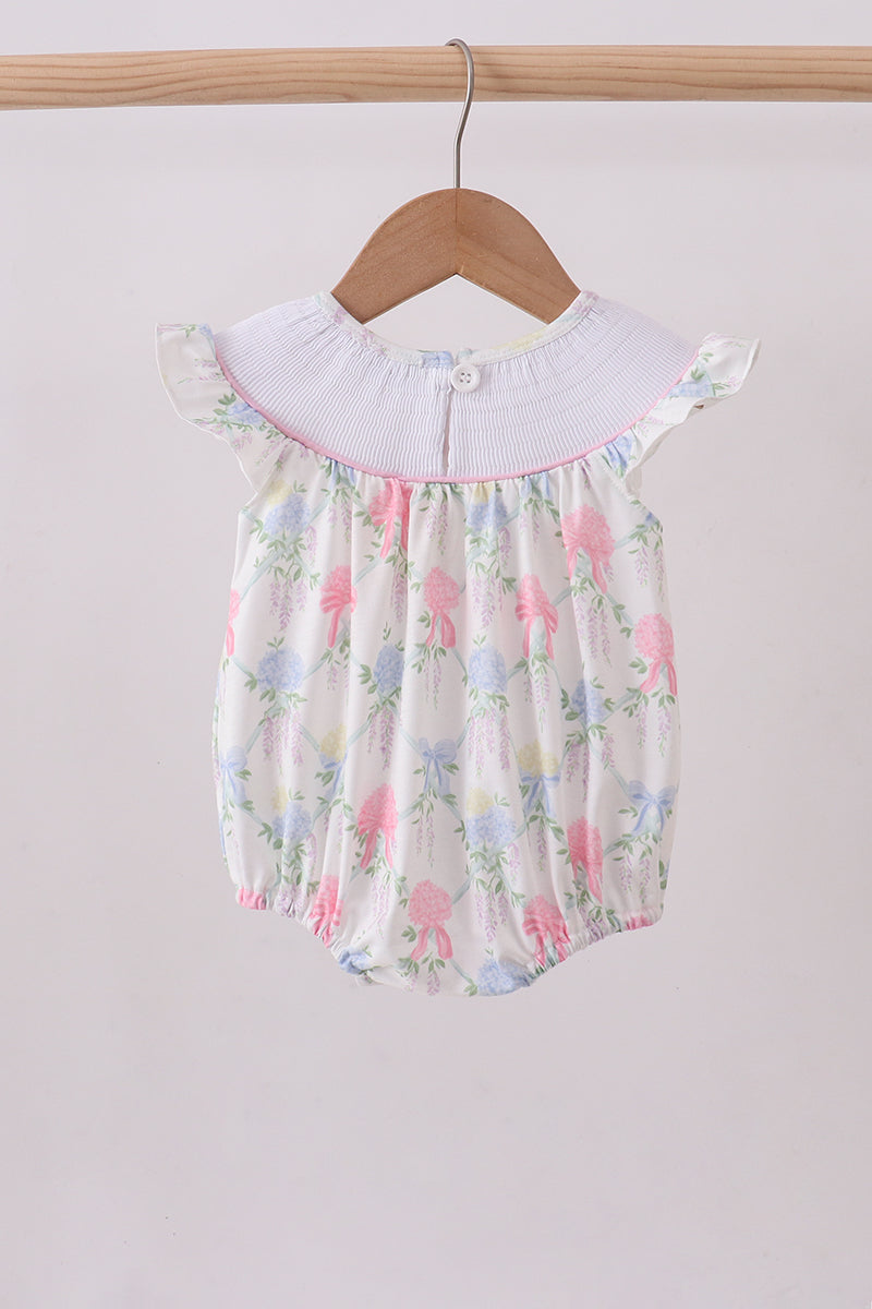 Floral print little sister smocked bubble