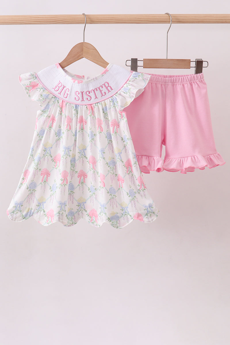Floral print big sister smocked ruffle shorts set