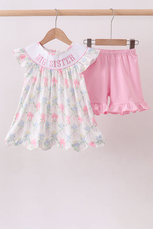 Floral print big sister smocked ruffle shorts set