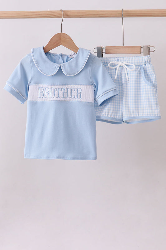 Blue brother smocked shorts set
