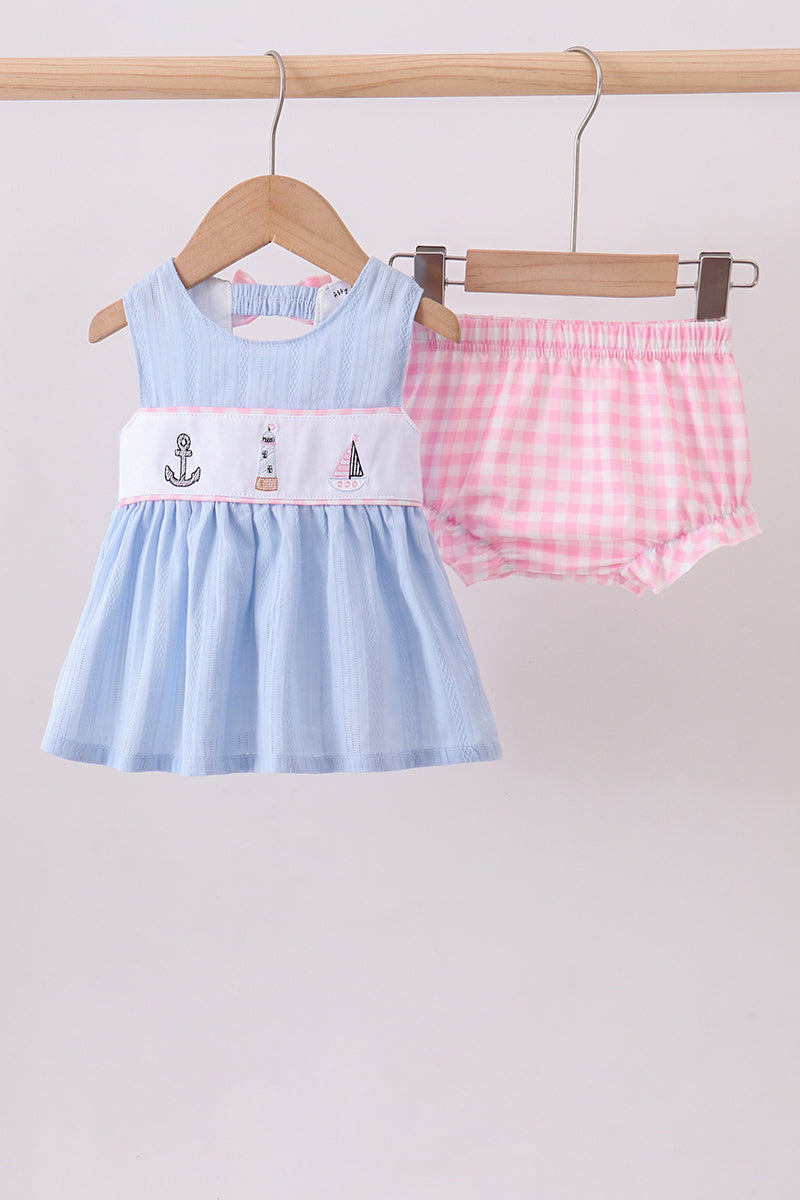 Blue sailboat embroidery jacquard bloomer set