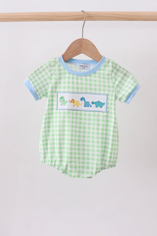 Green dinosaur smocked gingham bubble