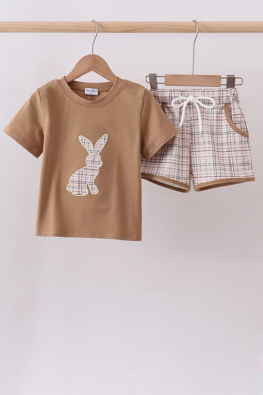 Brown plaid bunny applique shorts set