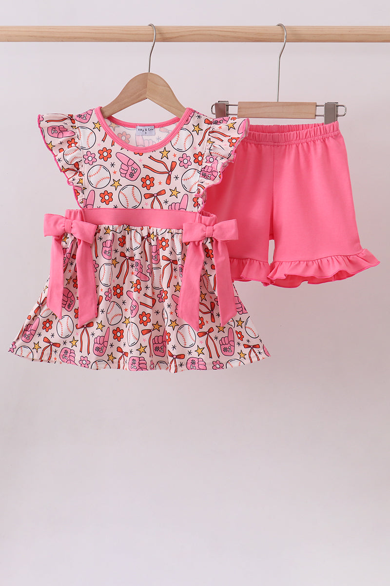 Pink baseball print ruffle shorts set