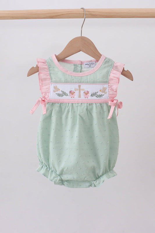 Green swiss dot cross sheep ruffle bubble