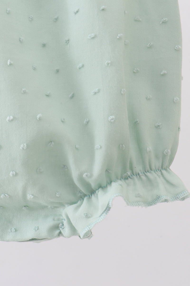 Green swiss dot cross sheep ruffle bubble