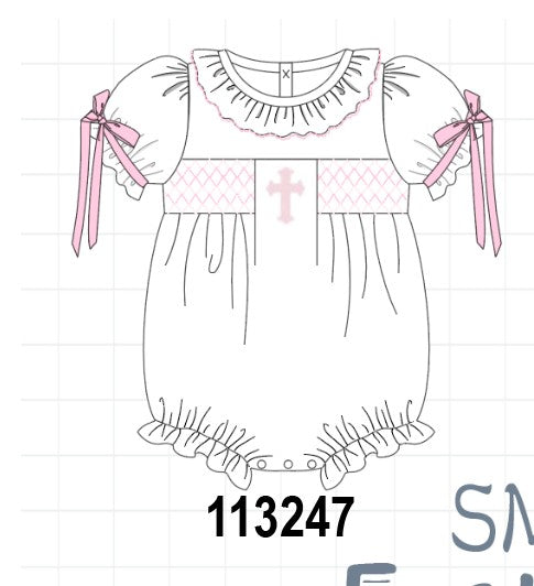 White cross smocked ruffle bubble