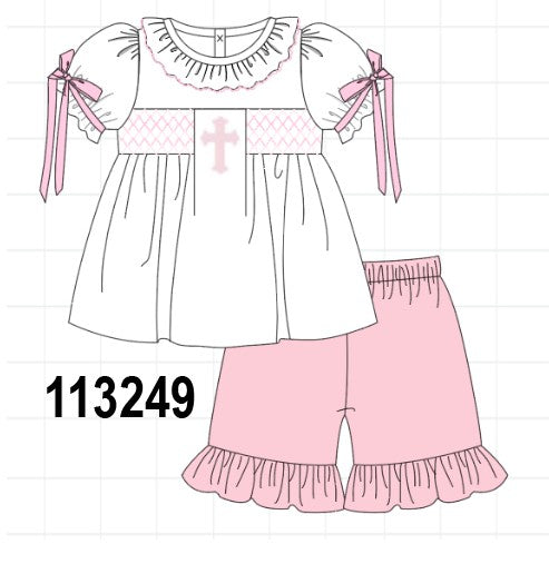 White cross smocked ruffle shorts set