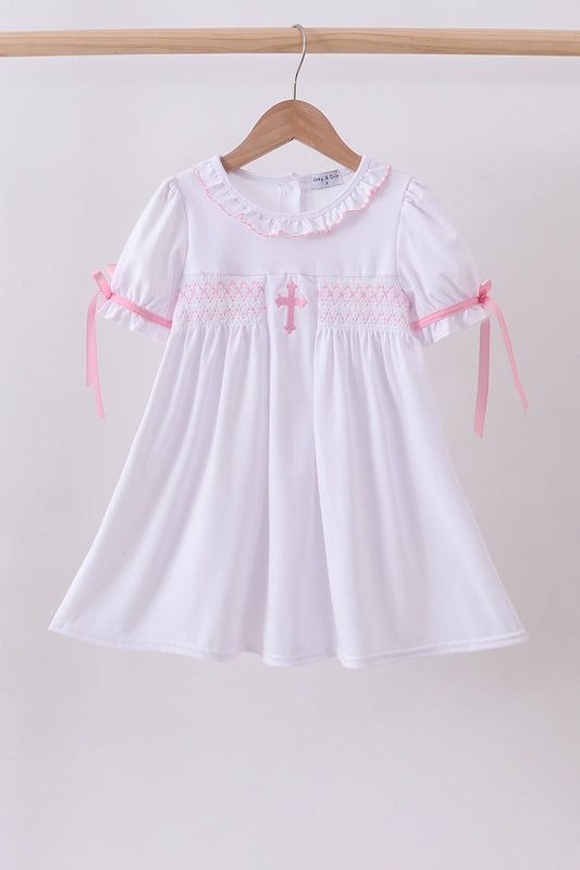 White cross smocked ruffle dress