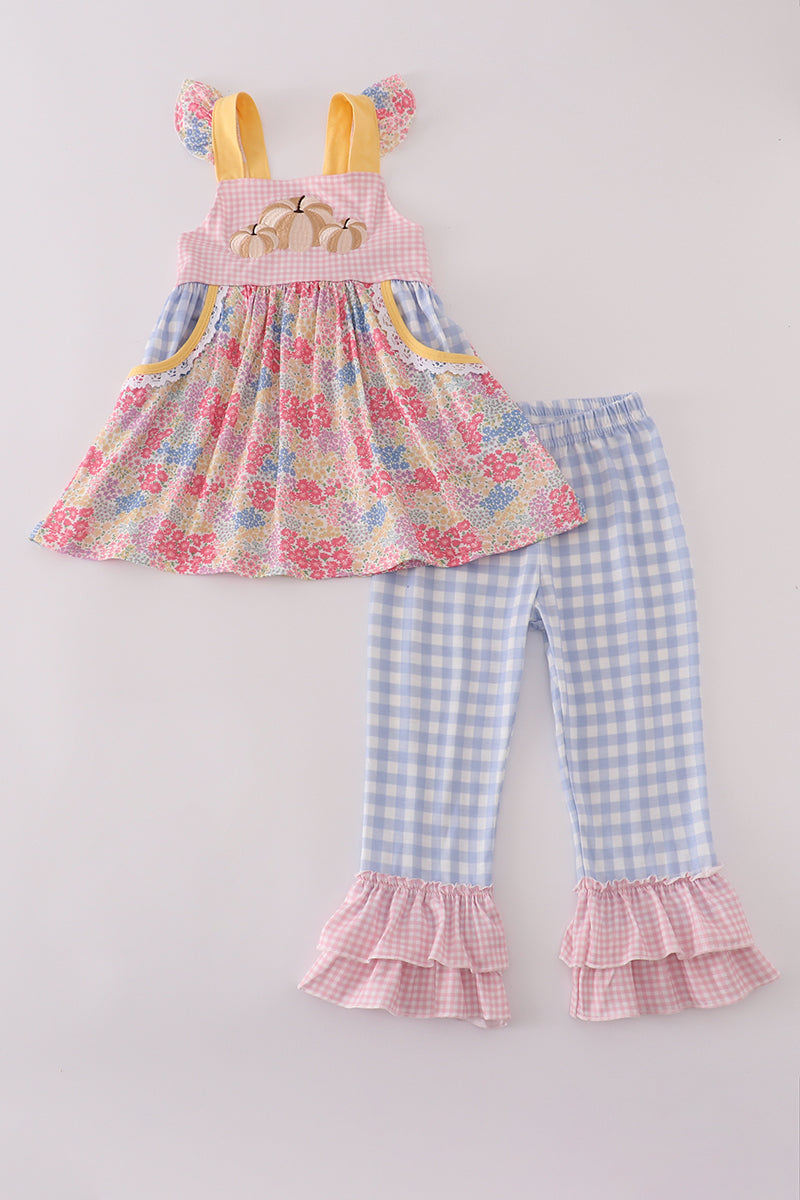 Pink floral pumpkin embroidery ruffle pants set