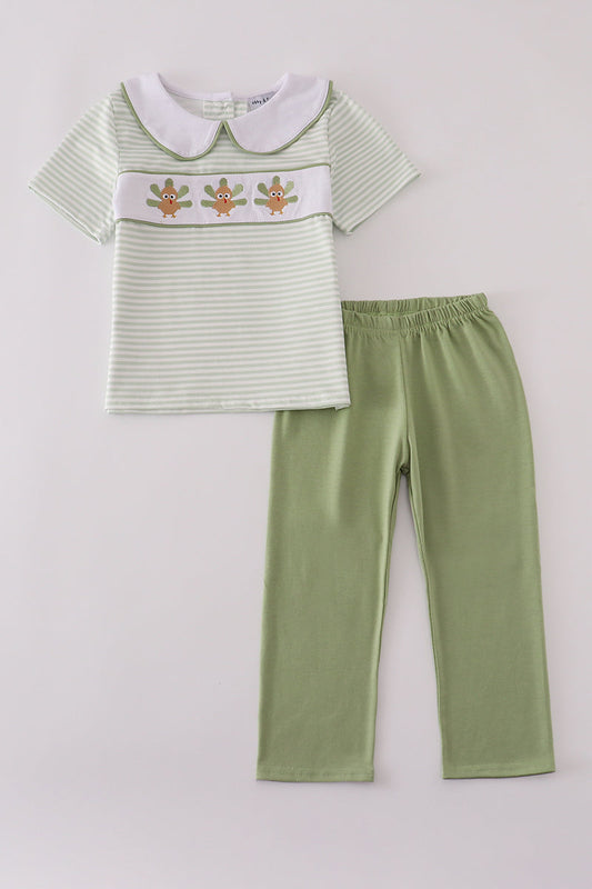 Sage turkey embroidery gingham pants set