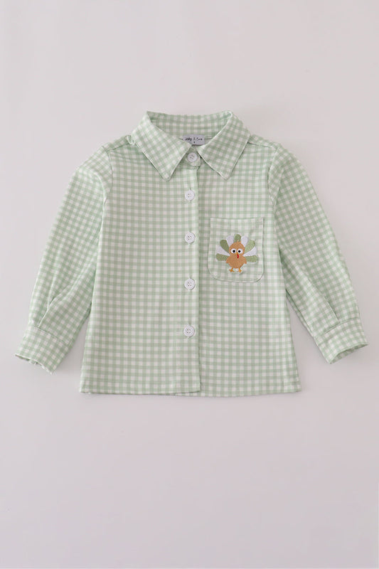 Sage turkey embroidery gingham button down shirt