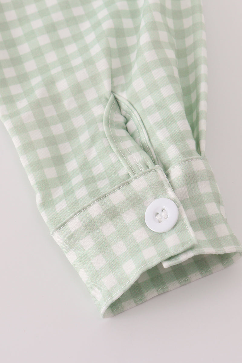 Sage turkey embroidery gingham button down shirt