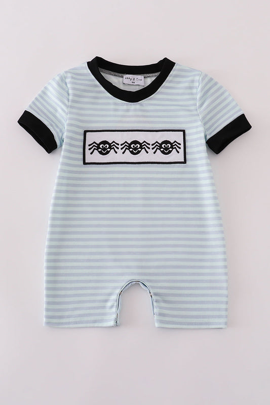 Blue Halloween spider embroidery stripe romper