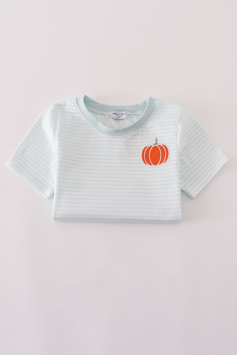 Blue pumpkin embroidery stripe top