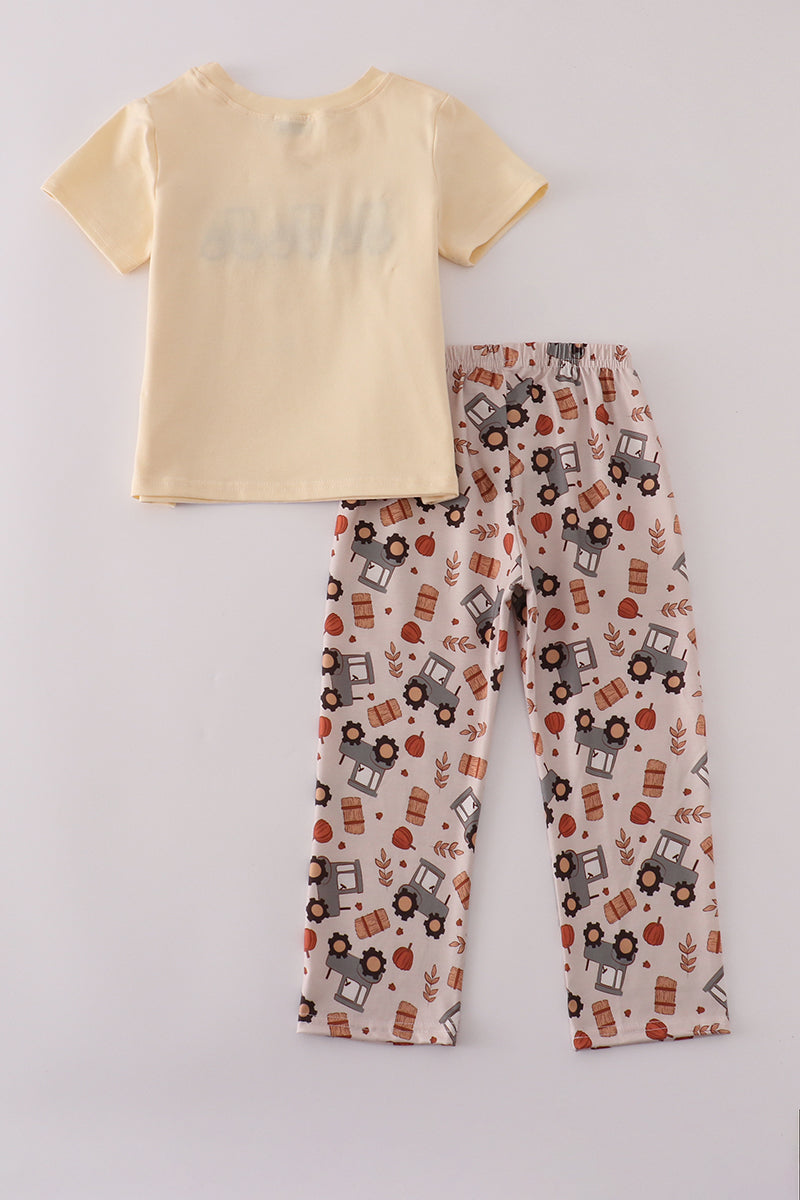 Yellow tractor french knot pants set