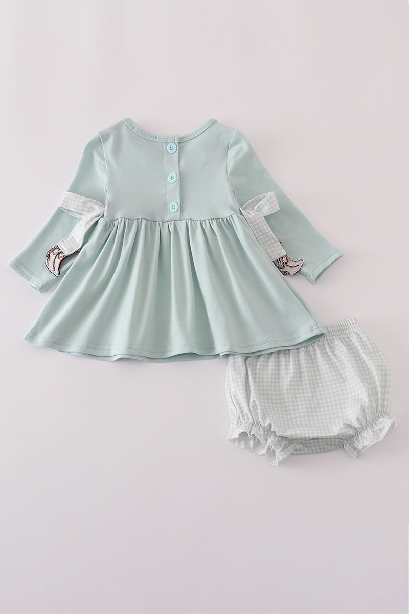 Blue boots embroidery ruffle bloomer set