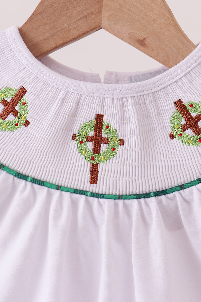 White wreath smocked dress