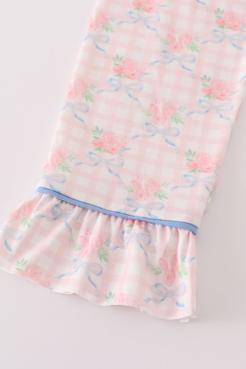 Pink floral print ruffle pajamas set