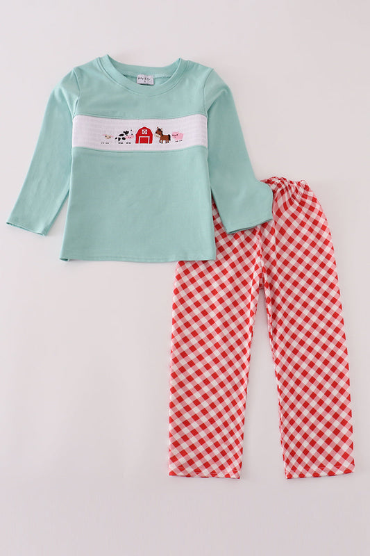 Red farm smocked pants set