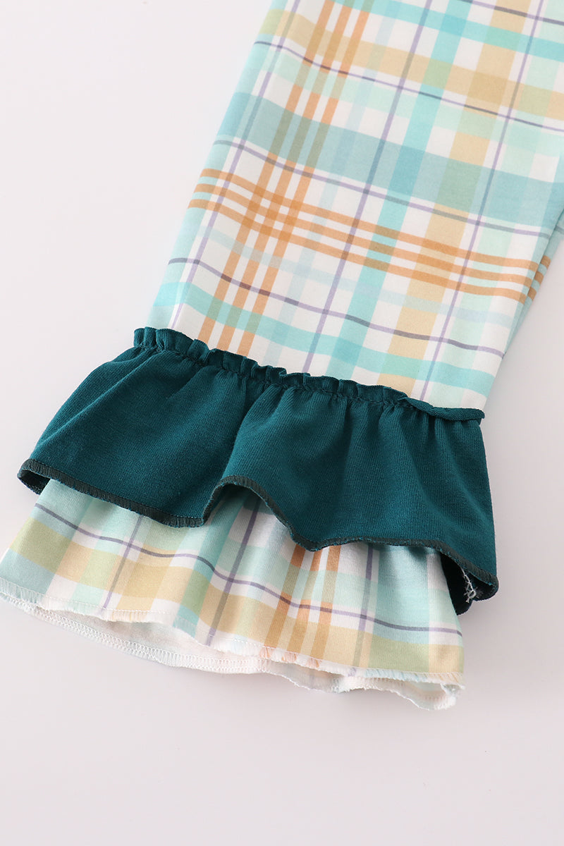 Blue dinosaur embroidery plaid ruffle pants set
