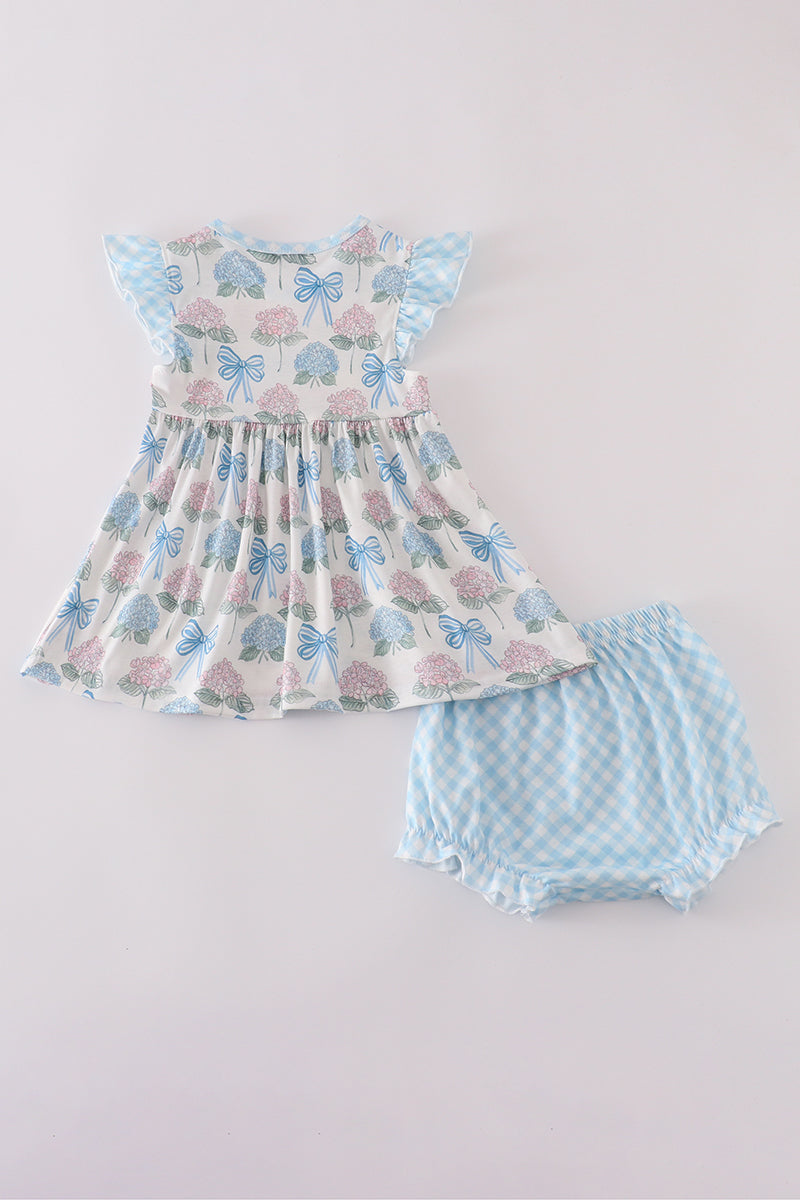 Blue hydrangea bow print ruffle bloomer set