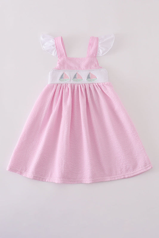 Pink stripe seersucker sailboat embroidery smocked dress