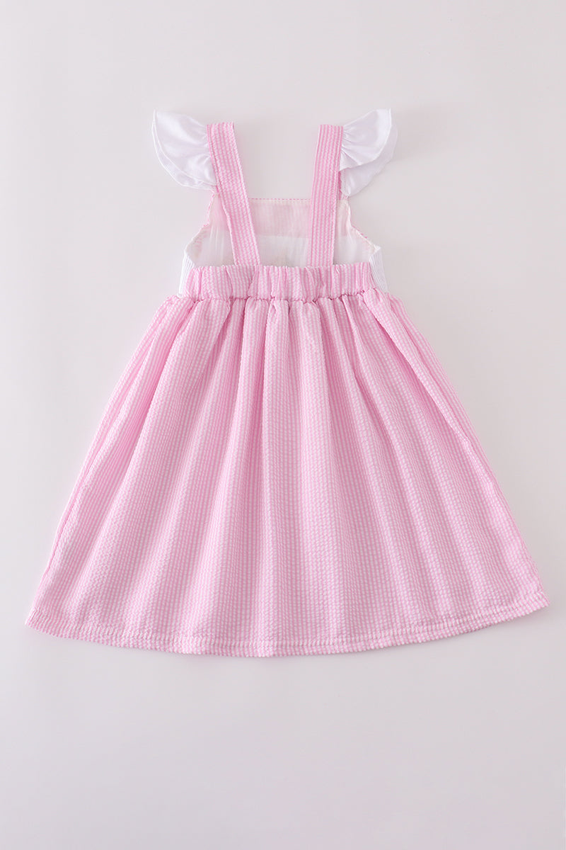 Pink stripe seersucker sailboat embroidery smocked dress