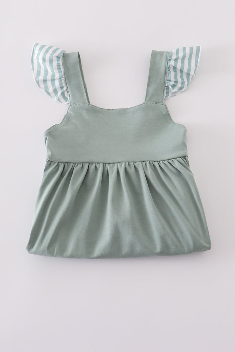 Sage stripe flutter trim ruffle dress