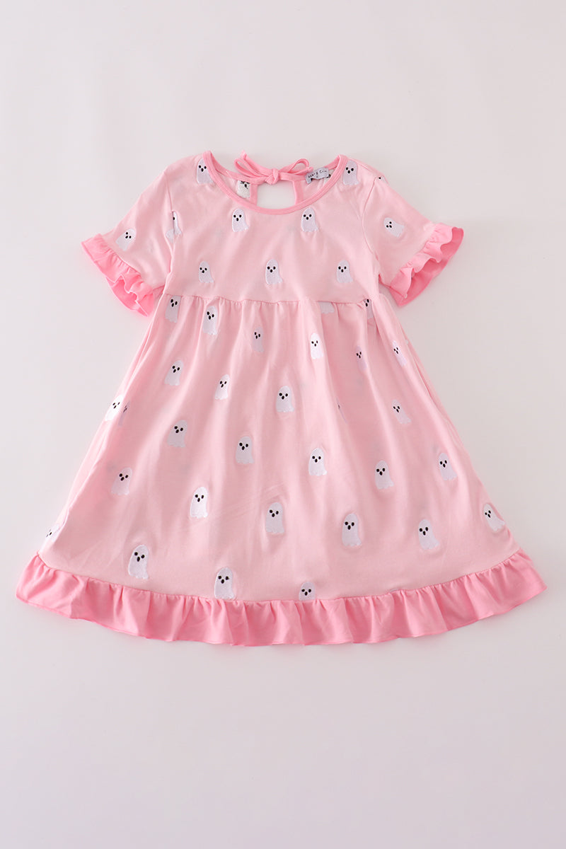 Pink ghost embroidery ruffle dress
