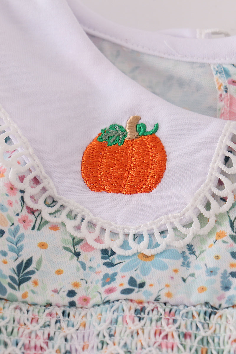 Green floral pumpkin embroidery smocked bloomer set
