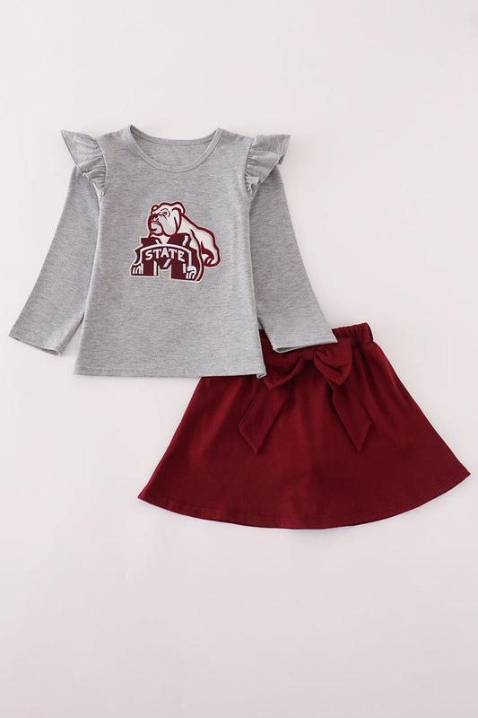 Maroon Mississippi embroidery bow skorts set