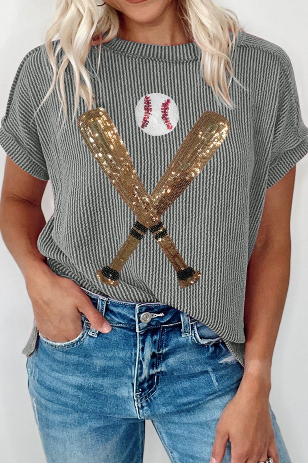 Sequin Baseball Round Neck Short Sleeve T-Shirt