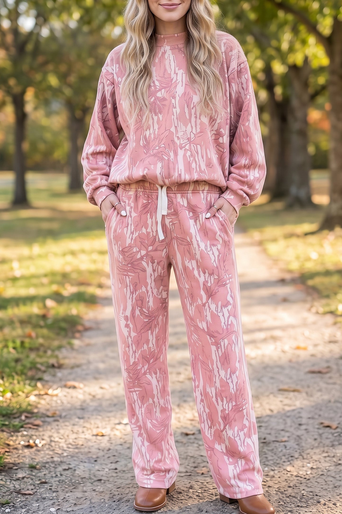 Multicolour Abstract Floral Print Loose Pullover Drawstring Pants 2pcs Set
