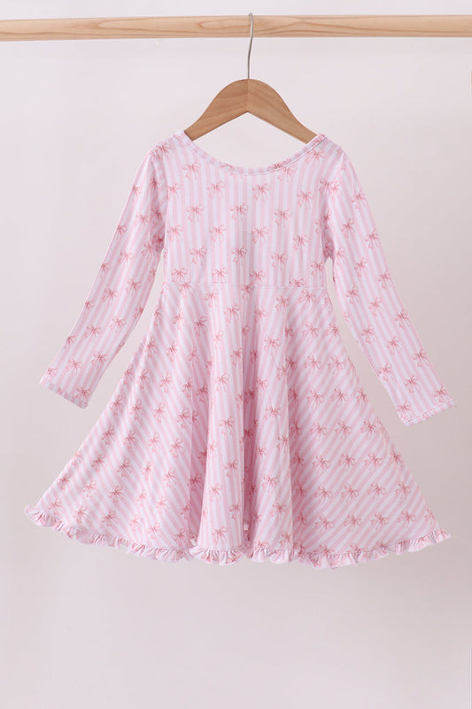 Premium blush bow stripe print ruffle bamboo dress