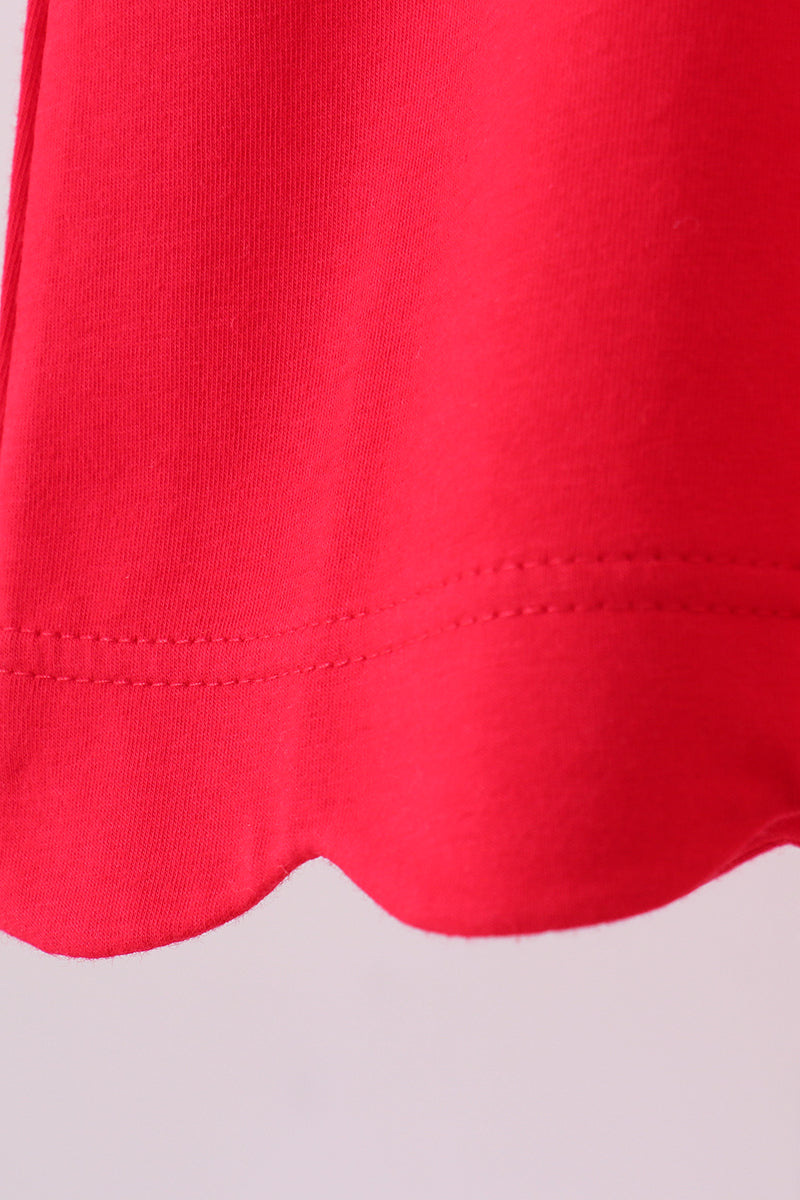 Red flutter sleeve scalloped top