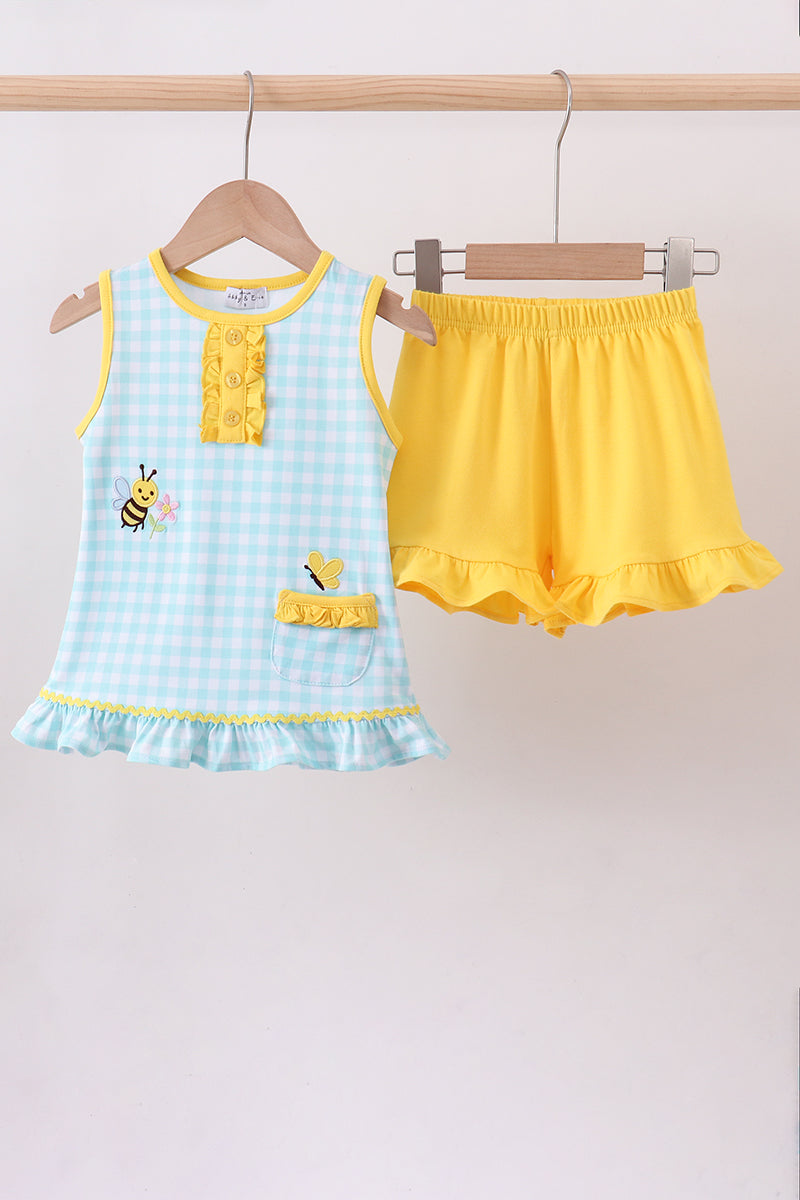 Blue gingham butterfly & bee pocket ruffle shorts set