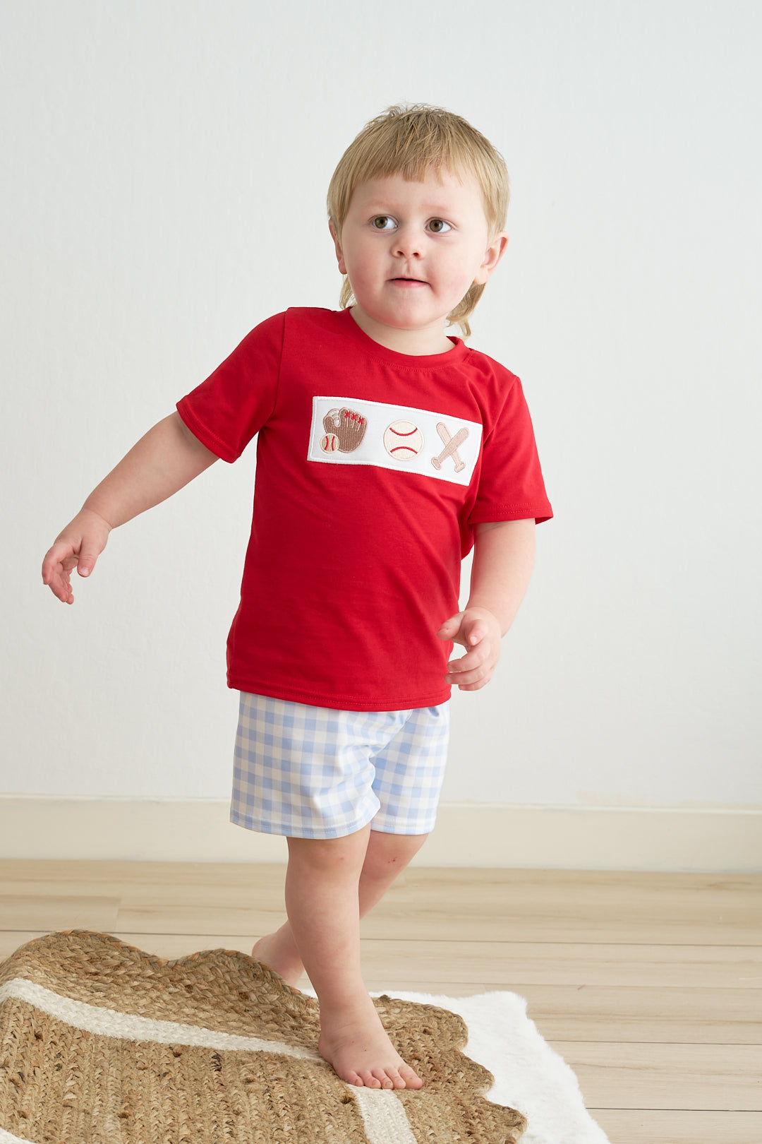 Blue plaid baseball embroidery boy set