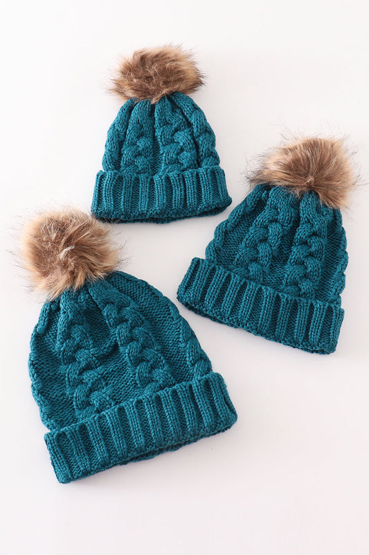 Teal pompom cable beanie hat