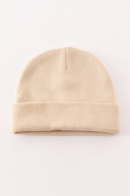 Beige ribbed basic knit beanie hat
