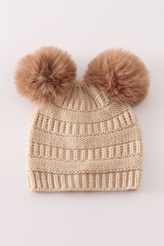 Beige double pompom cable beanie hat