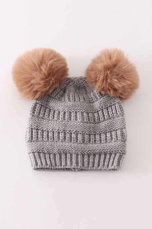 Light grey double pompom cable beanie hat