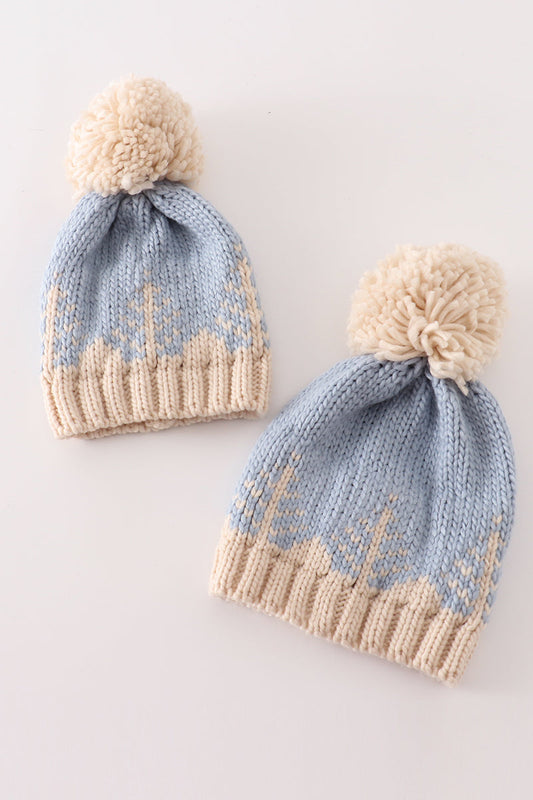 Blue pompom Christmas tree cable beanie hat